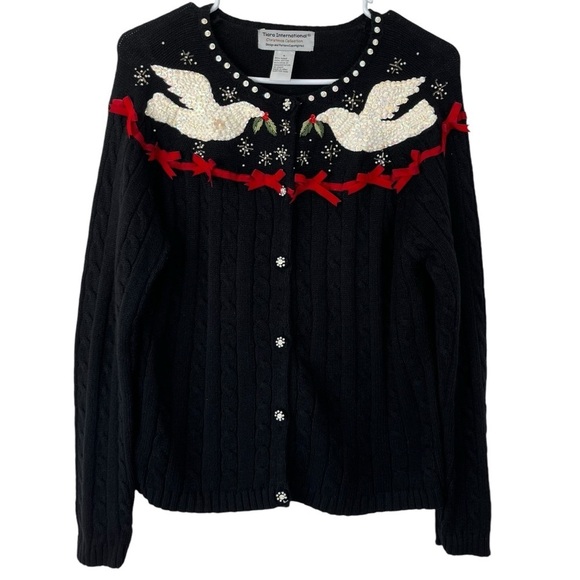 Y2K Tiara Int. Christmas Cable Knit Cardigan Dove Sweater Size Large - Picture 1 of 10